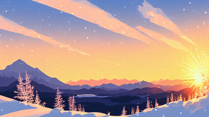 (Winter Sunset or Sunrise) a beautiful image of the sun setting over a snowy landscape, with a peaceful lake and mountains in the background