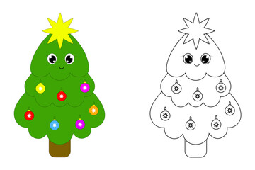 Cute Christmas tree.Green kawaii tree and outline with ball.