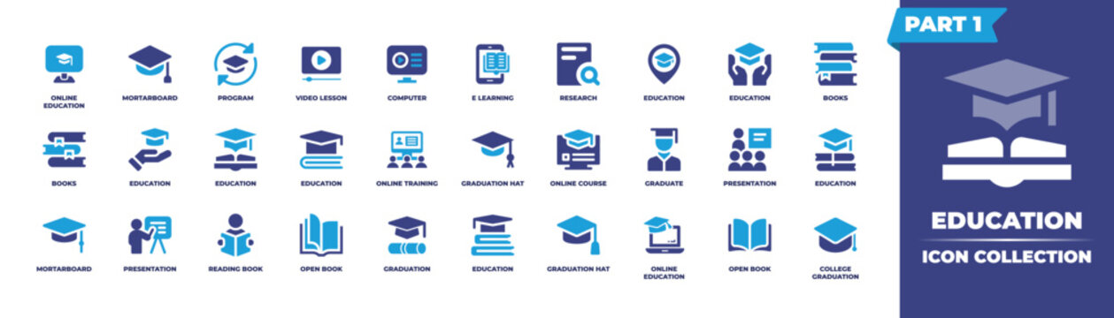 Education icon collection part 1. Duotone color. Vector illustration. Containing a online education icon, mortarboard icon, program icon, video lesson icon, computer icon, e learning icon, and other