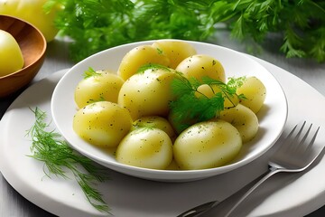 Young boiled potatoes with dill, parsley and onions - obrazy, fototapety, plakaty
