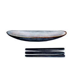 Grey metal stand for burning aromatic charcoal. Saucer, ashtray, incense burner, dish. Storage of charcoal for drawing. Watercolor illustration on a white background. Aromatherapy facility, spa