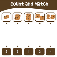 Count and match the cookies the Christmas snack with the number. Printable activity kit for children. Educational math worksheet for toddlers. Kawaii cartoon illustration file.  