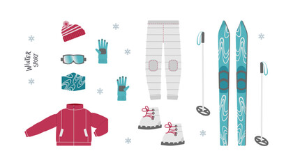 Ski, Winter clothes and accessories for active lifestyle. Snow activities and sports clothing Vector illustration set in flat on white background