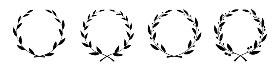 Set of black silhouettes of laurel wreaths isolated on white background. Vector illustration of different versions of wreaths for awards, heraldry, elements for design,logo.