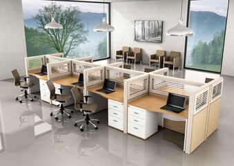 3d rendering empty office workstation partition interior  - obrazy, fototapety, plakaty