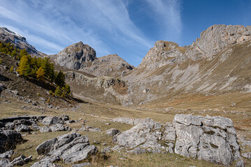 View of the dry Lac des Partias with the mountains around in Partias Nature Park, Puy-Saint-Andre, near Briancon, France