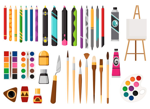 Painting tools cartoon illustration set. Drawing creative materials for workshops designs. Painter art equipments. Artistic decorative elements of art supplies with easel palette paints brush, pencil
