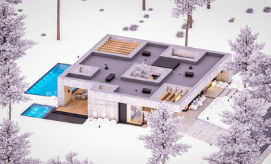 3d rendering of new concrete house in modern style with pool and parking for sale or rent and beautiful landscaping on background. One floor house. Cool winter evening with cozy light from windows