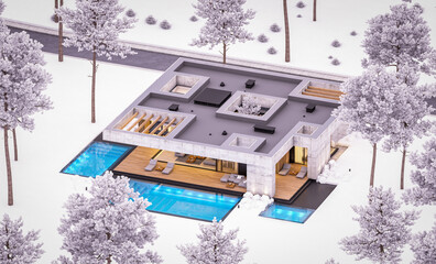 3d rendering of new concrete house in modern style with pool and parking for sale or rent and beautiful landscaping on background. One floor house. Cool winter evening with cozy light from windows