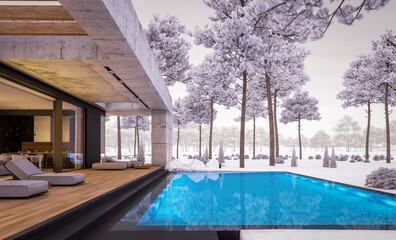 3d rendering of new concrete house in modern style with pool and parking for sale or rent and beautiful landscaping on background. One floor house. Cool winter evening with cozy light from windows
