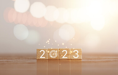 Woods block square with 2023, Goal and target icon, Business strategy, Action plan. Success...