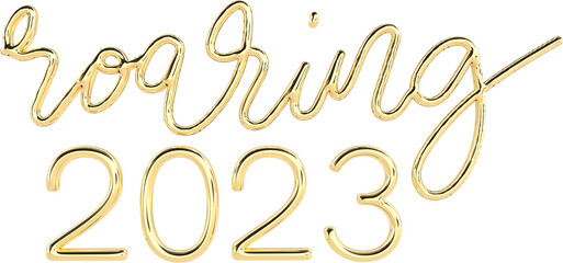 Roaring 2023 Golden 3D Metallic Thin Chrome Cursive Text Typography	