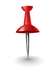 Red pushpin with shadow isolated on white. Fixation for note attach stickers. Stationery item, office paperwork equipment, secretary accessory