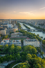 Cityscape of Paris at sunset with a view on the Seine river and Beaugrenelle district in Paris, France