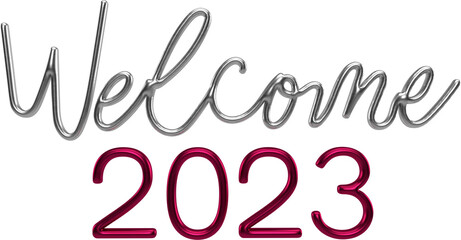 Welcome 2023 Silver And Viva Magenta 3D Metallic Thin Chrome Cursive Text Typography	