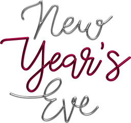 New Year's Eve Silver And Viva Magenta 3D Metallic Thin Chrome Cursive Text Typography	