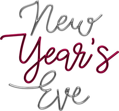 New Year's Eve Silver And Viva Magenta 3D Metallic Thin Chrome Cursive Text Typography	