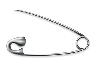 Safety pin icon. Metal sewing tool for fasten pieces of clothing together. design of opened silver or stainless steel safety pin on white background
