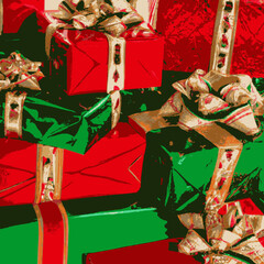 Stacked red and green Christmas gifts.Square background, colorful holiday gift boxes with gold ribbons and bows.