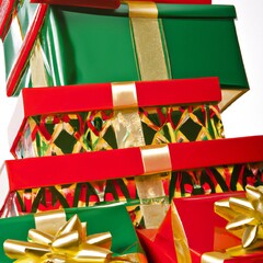 Tall stack of green and red gift boxes
