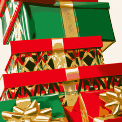 Stacked red and green Christmas gifts.Square background, colorful holiday gift boxes with gold ribbons tying them.