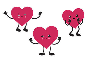 Kawaii hearts, a set of cute emoji icons. Hand-drawn emotional cartoon characters. Cute love characters with different faces, funny positive emotions.