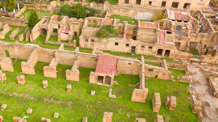 Aerial view of the Domus of Jupiter and Ganymede, in the archaeological site of Ostia Antica. These Roman ruins are located in the archaeological area of Ostia, near Rome, Italy.