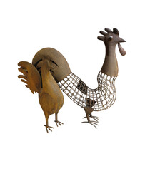 Metallic rusted rooster and hen isolated on white background