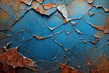 Background with old distressed cracked blue rusted concrete wall. Vintage texture