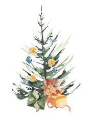 Watercolor Christmas tree clipart. Decoration, gifts, winter holidays png.