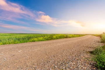 Foto op Canvas Country road and green wheat fields natural scenery at sunset © ABCDstock