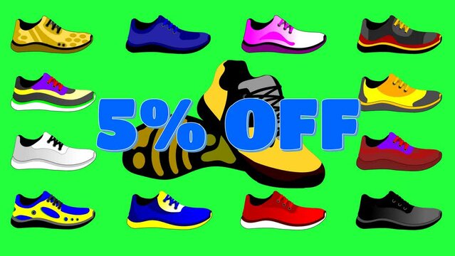 Animated video of a collection of shoes and big sale words. 5% off, 10% off, 25% off and 50% off. Green screens and white screens