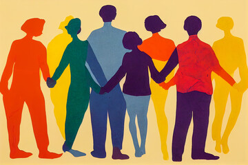 Fototapeta premium A strong symbol of a pleasant and dynamic atmosphere at work. Workers joining forces for the common good, in vibrant colors and expressive forms.