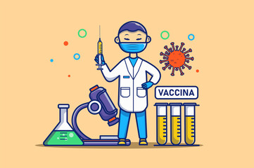 Omicron virus concept in flat outline design. Coronavirus disease outbreak. Doctor in protective mask makes vaccination, huge microscope in laboratory. Illustration with colorful line web scene