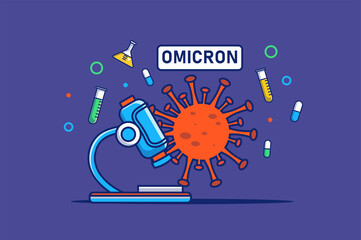 Obraz premium Omicron virus concept in flat outline design. Coronavirus disease outbreak. Huge disease microbe and microscope. Research and development of drugs. Illustration with colorful line web scene