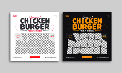 Food social media banner design template. Chicken burger social media post vector illustration. Square size.