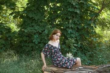 A young beautiful girl in a summer park enjoys a summer day sitting on a tree. - 552593994