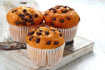 Chocolate chip muffins on white background	