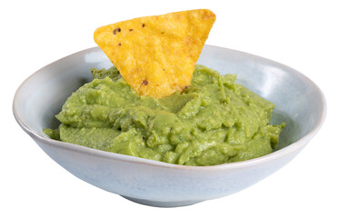 bowl with guacamole and nachos