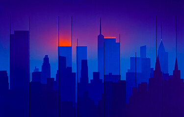 Fototapeta na wymiar Architecture cityscape featuring high rise buildings and a light sunset glow on a blue backdrop. Stylish and clean lines create an ideal logo concept. A perfect mix of emotion and aesthetics.