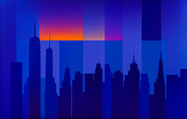 Architectural skyline of buildings and skyscrapers against a bright blue sky. Schematic logo style, with soft sunset glow and stylishly rendered urban landscape. Perfect for any graphic or emotion.