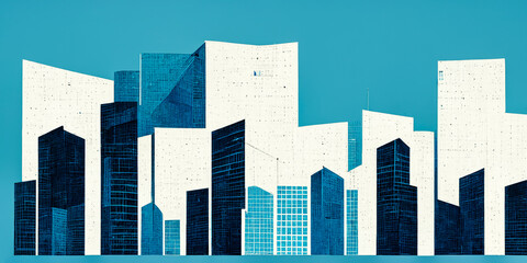 Large urban downtown architectural design, with schematic rectangular buildings and blue sky. Pure and detailed lines for exceptional art projects.