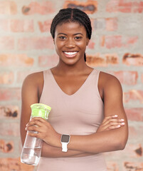 Fitness, portrait or black woman with water bottle to start training routine, cardio exercise or...