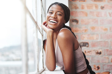 Fitness, black woman and happy laughing by window in gym for training motivation, workout wellness and sports rest. Happy, african woman smile and exercise for comic joke or healthy cardio portrait - obrazy, fototapety, plakaty