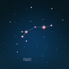 Constellation Dorado scheme in starry sky. Open space. Vector illustration  Dorado, gold fish constellation  through a telescope. © iryna