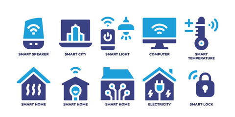 Fototapeta na wymiar Smart house icon set. Duotone color. Vector illustration. Containing a smart speaker icon, smart city icon, smart light icon, computer icon, smart temperature icon, smart home icon, and other