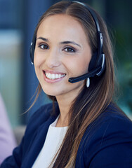 Call center, telemarketing and portrait of a woman consultant offering contact us advice. Customer...
