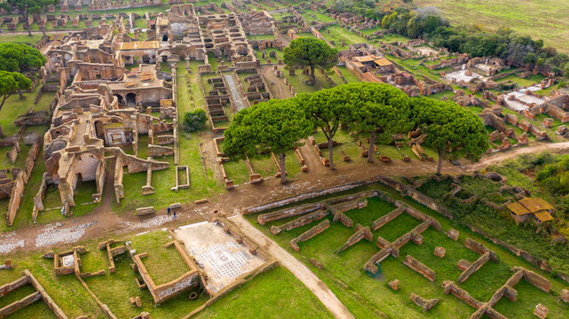 Aerial view of Baths of Trinacria of ancient romans, in the large archaeological site of Ostia Antica. These thermal baths ruins are located in the archaeological area of Ostia, near Rome, Italy. 