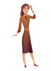 Female private detective or inspector investigate crime and look for evidence. Detective character with magnifying glass cartoon flat style. Investigator solving crime