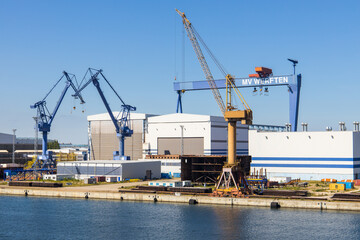 Fototapeta na wymiar The shipyards MV Werften and Neptun Werft in the harbour of Rostock in Germany